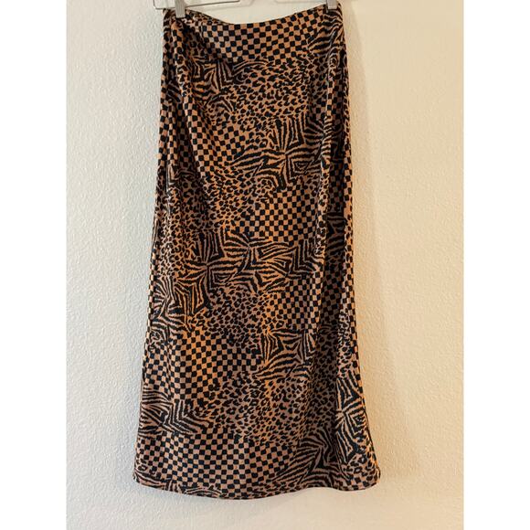 Amuse Society High Rise Midi Skirt Size S Tan Brown Black Leopard Animal Geo - Picture 4 of 9